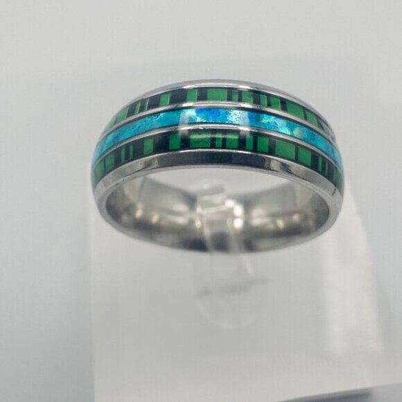 Stainless Steel Ring with Green and Blue Inlay - Picture 5 of 8